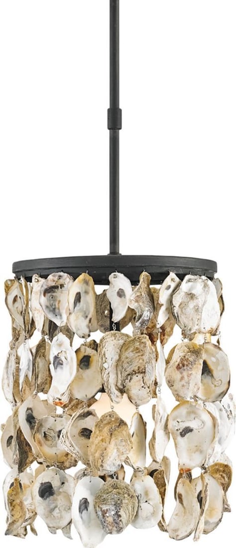 Currey Stillwater Coastal Oyster Shell Pendant Light Wrought Iron: Currey Stillwater Coastal Oyster Shell Pendant Light Wrought Iron Illuminate your space with this exquisite Oyster Shell Pendant, combining the rustic charm of wrought iron with the natural elegance