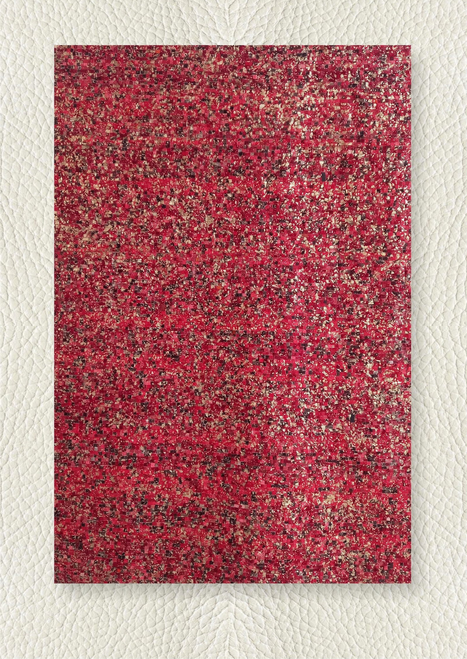 Handcrafted Ruby Gold Pixel Mosaic Cowhide Leather Rug 3FT x 5FT: Handcrafted Ruby Gold Pixel Mosaic Cowhide Leather Rug 3FT x 5FT Free continental US Shipping This handcrafted rug features a pixel-inspired mosaic design in rich ruby and gold tones, expertly crafted