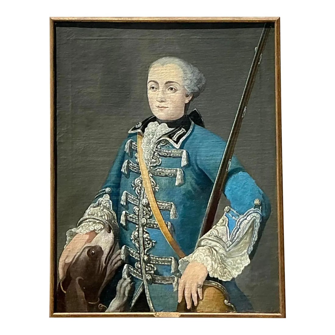 French School Oil Portrait of Aristocratic Gentleman With Dog 18th Century: French School Oil Portrait of Aristocratic Gentleman With Dog 18th Century This 18th century French School oil portrait presents a finely dressed gentleman in elaborate blue attire, featuring lace cuf
