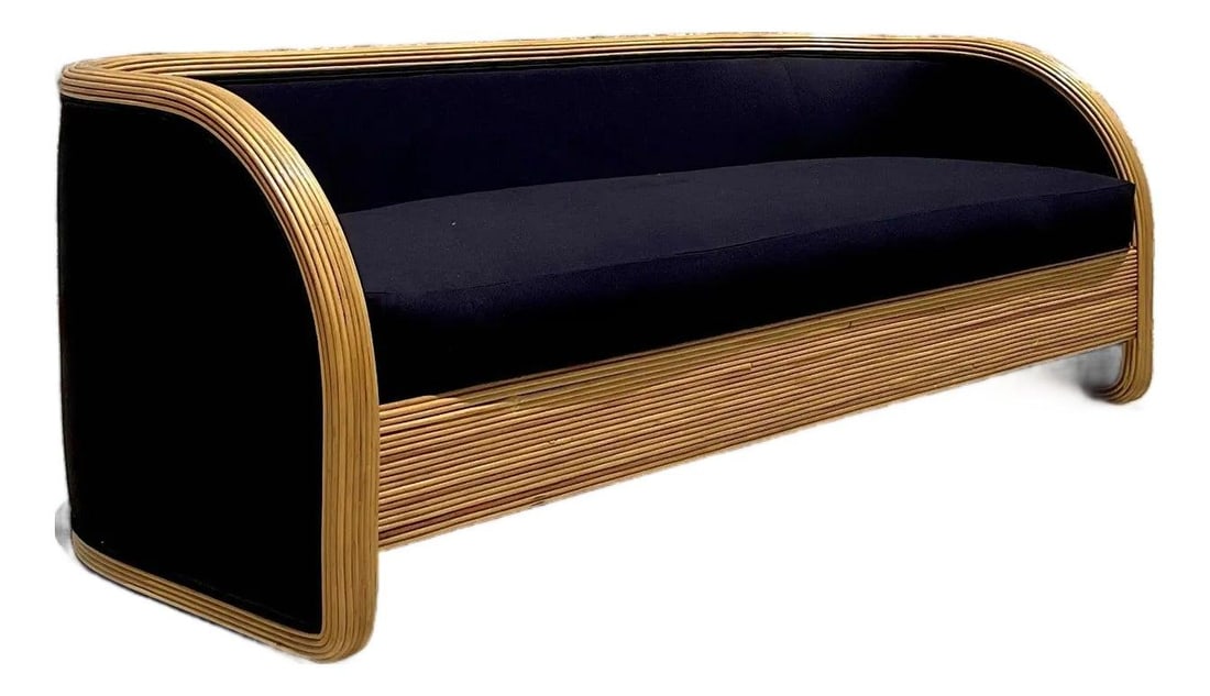 1980s Vintage Boho Pencil Reed Sofa with Black Upholstery: 1980s Vintage Boho Pencil Reed Sofa with Black Upholstery Experience the sculptural elegance and organic allure of this vintage Boho pencil reed sofa. A captivating piece from the 1980s, it features a