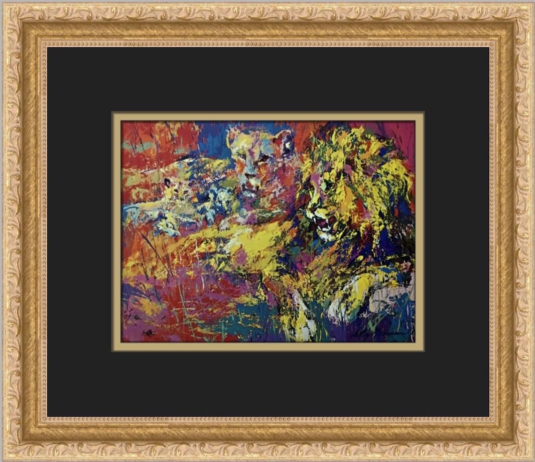 LeRoy Neiman Lion Family Portrait Custom Framed Art Print 1974: LeRoy Neiman Lion Family Portrait Custom Framed Art Print 1974 This stunning art print titled "Lion Family Portrait" by renowned artist LeRoy Neiman captures the essence of expressionism in a vibrant
