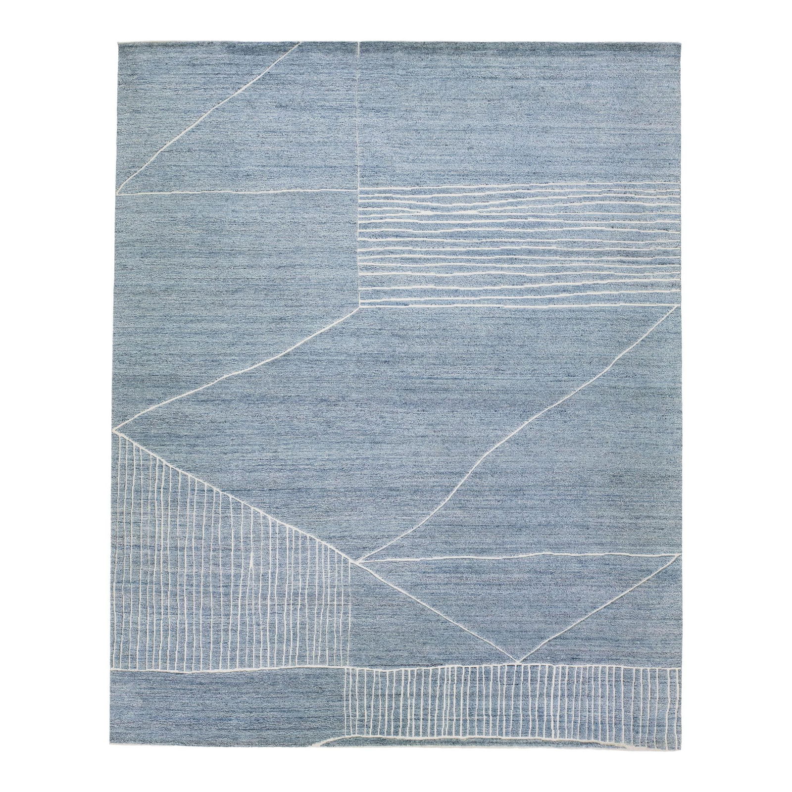 Oversize Light Blue Moroccan Style Wool Rug: Oversize Light Blue Moroccan Style Wool Rug Discover a stunning modern Moroccan-style hand-knotted wool rug that brings elegance and style to any space. Featuring a serene light blue color field, this