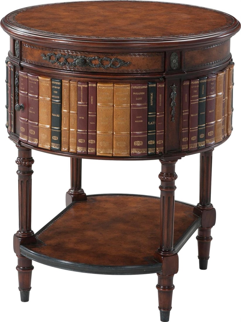 Theodore Alexander Louis XVI Style Circular Lamp Table in Distressed Walnut: Theodore Alexander Louis XVI Style Circular Lamp Table in Distressed Walnut Introducing the Distressed Buffalo Brown Circular Lamp Table, a beautifully crafted piece that embodies the elegance of Loui