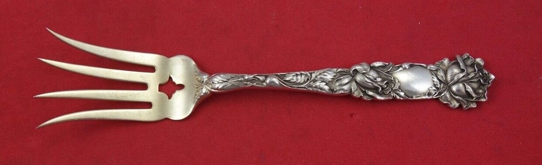 Alvin Bridal Rose Sterling Silver Gold Washed Beef Fork 5 1/4 inches: Alvin Bridal Rose Sterling Silver Gold Washed Beef Fork 5 1/4 inches This elegant serving fork is a stunning piece from the Bridal Rose pattern by Alvin, crafted in sterling silver with a beautiful go