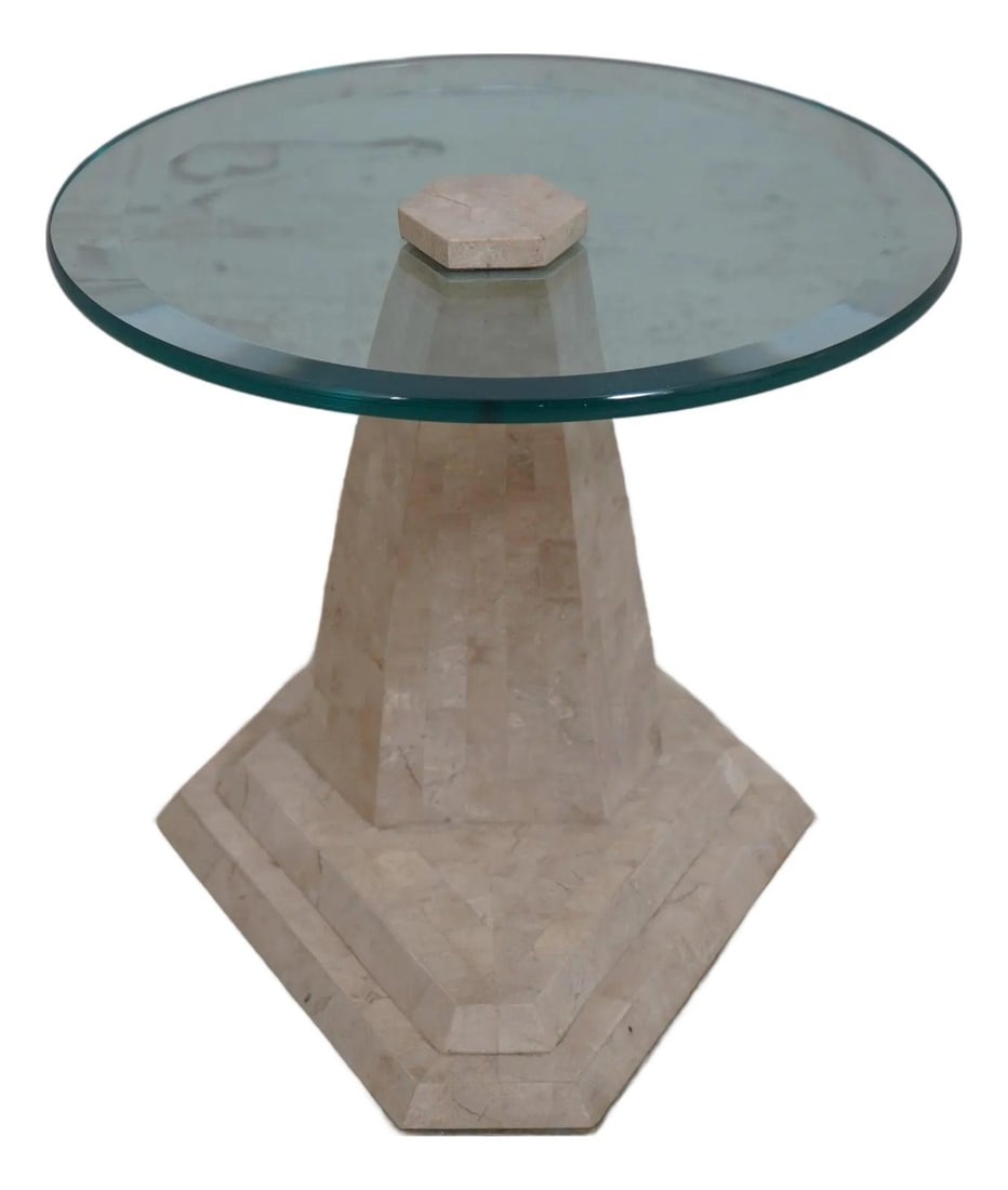 Tessellated Marble Side Table with Glass Top Modern Style (1 of 9)