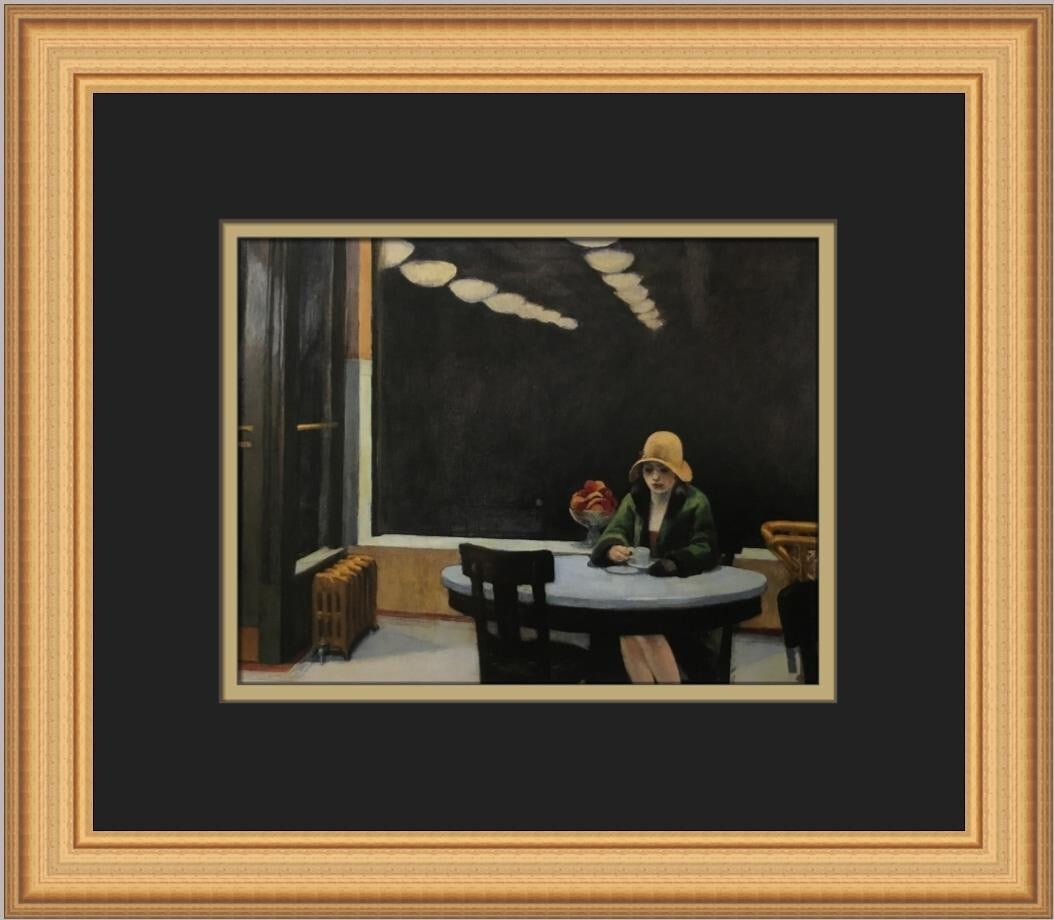 Edward Hopper Automat Custom Framed Print 12x14 Realism Art: Edward Hopper Automat Custom Framed Print 12x14 Realism Art This striking custom framed print titled 'Automat' by Edward Hopper captures the essence of realism in art. Created in 1981, this piece meas