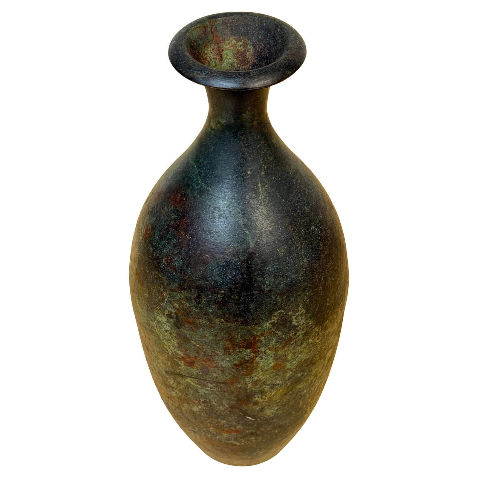 1970s French Modern Bronze Vase with Verdigris Patina: 1970s French Modern Bronze Vase with Verdigris Patina This French Modern vase from the 1970s is crafted from cast bronze with a richly layered patinated finish in verdigris tones. Featuring a refined