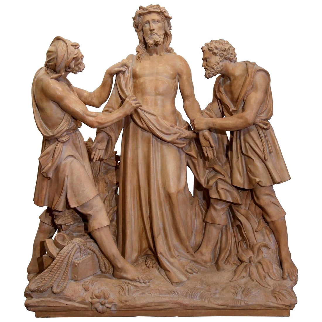 19th Century Hand-Carved French Terracotta Christ Sculpture: 19th Century Hand-Carved French Terracotta Christ Sculpture This remarkable 19th Century French Terracotta sculpture captures the poignant moment of Christ before the Crucifixion, depicting the tenth