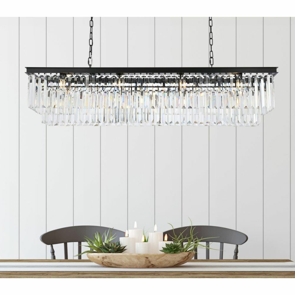 Sydney 12-Light Crystal Chandelier Matte Black 60 Inch Modern Dining Fixture: Sydney 12-Light Crystal Chandelier Matte Black 60 Inch Modern Dining Fixture This modern chandelier features a matte black rectangular frame with royal cut clear crystal accents. The fixture is