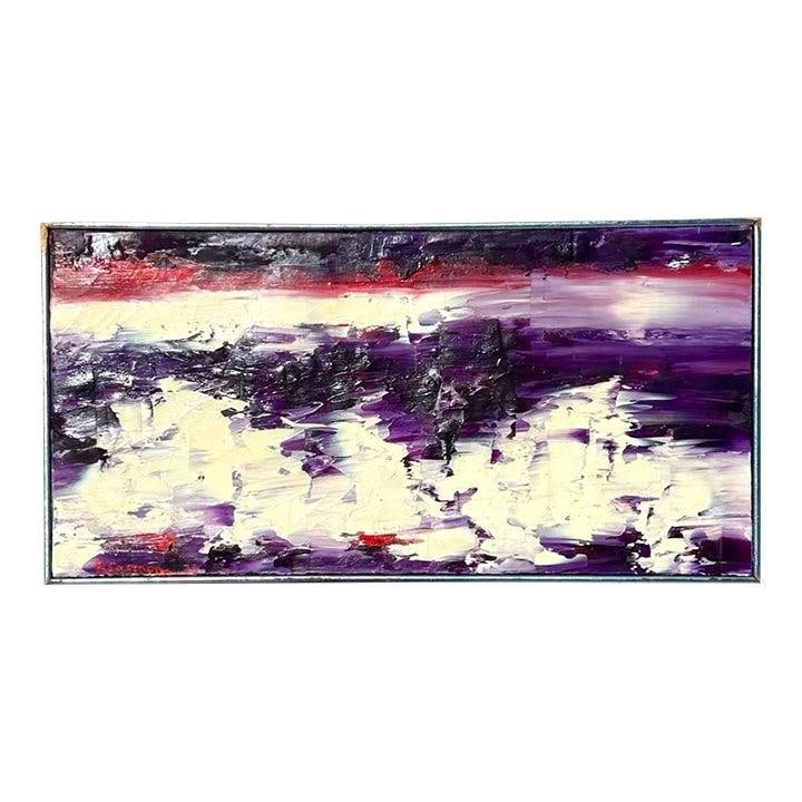 Framed Abstract Acrylic Canvas Artwork in Purple Tones 30.75 x 15.75: Framed Abstract Acrylic Canvas Artwork in Purple Tones 30.75 x 15.75 This vintage abstract acrylic painting on canvas features a dynamic composition with a blend of deep purples, whites, and touches