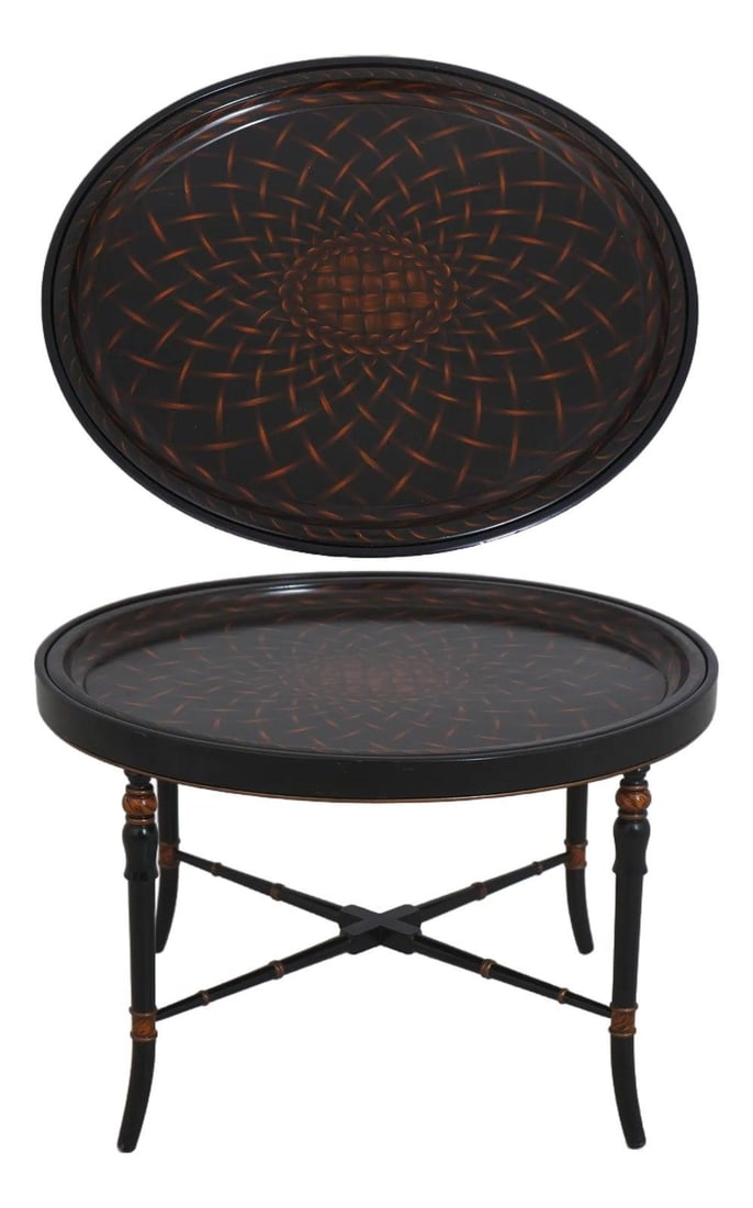 Removable Toleware Tray Coffee Table with Regency Design Stretcher Base: Removable Toleware Tray Coffee Table with Regency Design Stretcher Base This Regency style coffee table features a removable toleware tray top with a stretcher base frame. The table is finished in bla