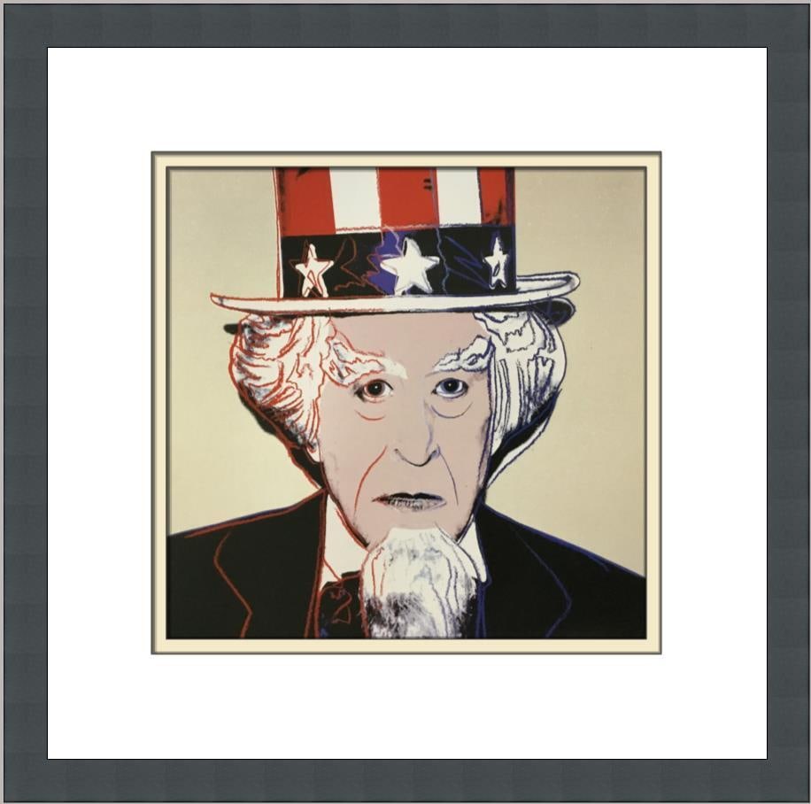 Andy Warhol Uncle Sam Custom Framed Pop Art Print 14x14: Andy Warhol Uncle Sam Custom Framed Pop Art Print 14x14 Enhance your art collection with this striking custom framed print of Andy Warhol's "Uncle Sam." This medium-sized piece (14" x 14") features vi
