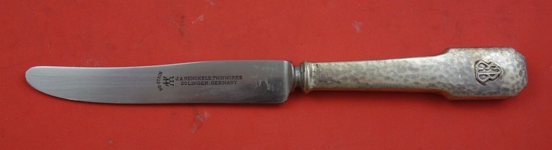 Shreve Norman Hammered Sterling Silver Knife 7.375" Monogram EB: Shreve Norman Hammered Sterling Silver Knife 7.375" Monogram EB This exquisite Norman Hammered regular knife measures 7 3/8 inches and is crafted by Shreve in sterling silver. The knife features a hol