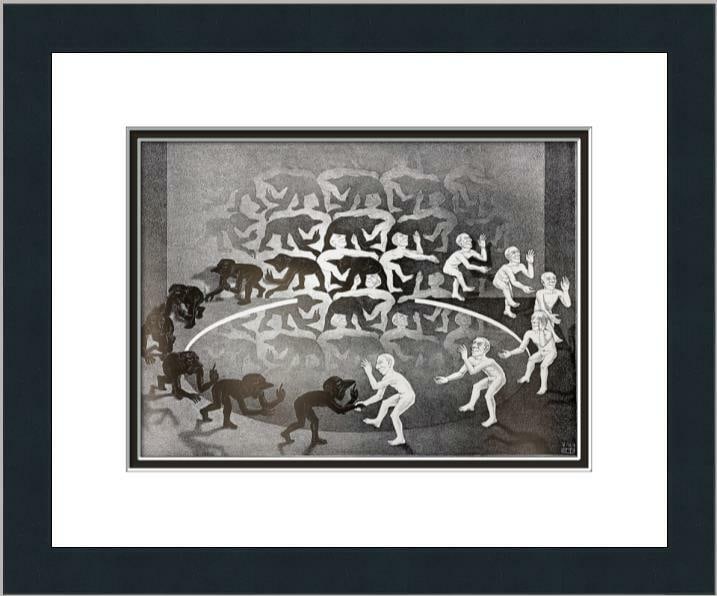 M.C. Escher Encounter Custom Framed Lithograph Art Print: M.C. Escher Encounter Custom Framed Lithograph Art Print This stunning custom gallery framed print titled "Encounter" by M.C. Escher showcases a remarkable blend of fantasy and surrealism. Produced in