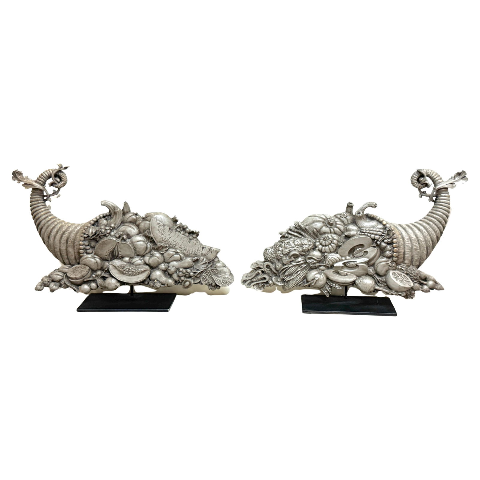 19th Century Pair of Carved Polychromed Wooden Cornucopias: 19th Century Pair of Carved Polychromed Wooden Cornucopias This exquisite pair of 19th-century Continental carved and polychromed wooden cornucopias showcases the rich symbolism of the horn of plenty