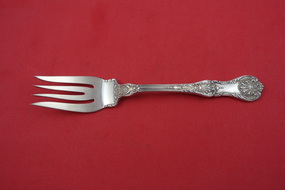 Gorham King George Sterling Salad Fish Fork Fancy Shoulders 6 7/8": Gorham King George Sterling Salad Fish Fork Fancy Shoulders 6 7/8" This exquisite salad or fish fork, part of the King George pattern by Gorham, showcases the artistry of sterling silver craftsmanship