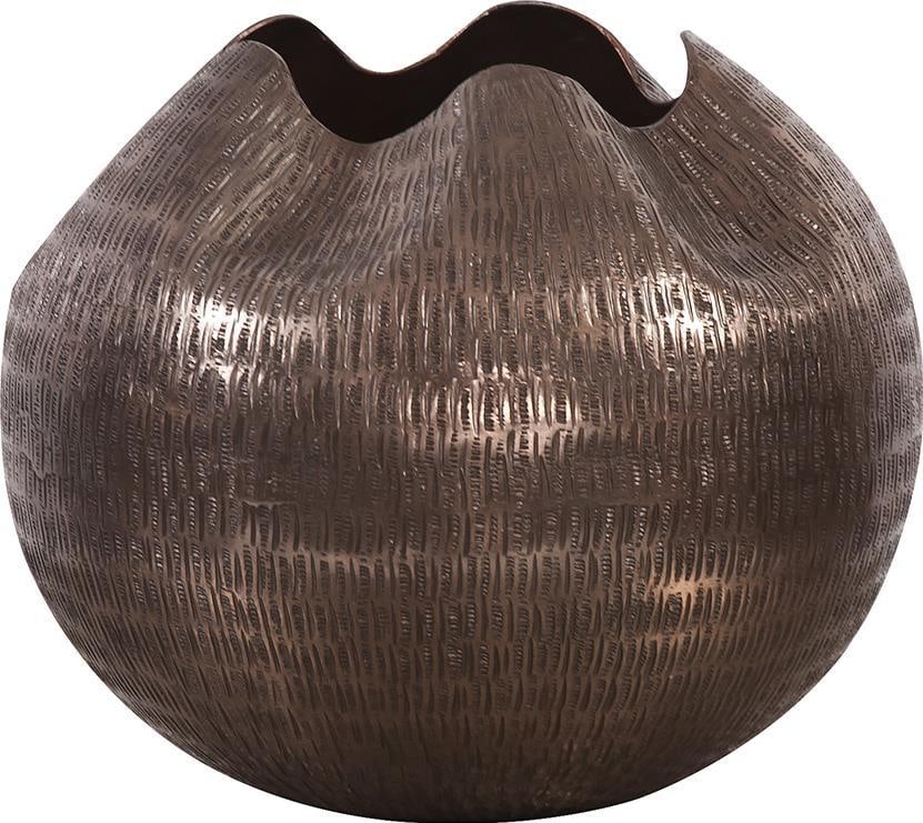 Howard Elliott 9 Inch Round Pinched Top Copper Vase: Howard Elliott 9 Inch Round Pinched Top Copper Vase Introducing a stunning small round vase, crafted in a unique pinch top design. This elegant piece is made from textured aluminum with a rich brown c
