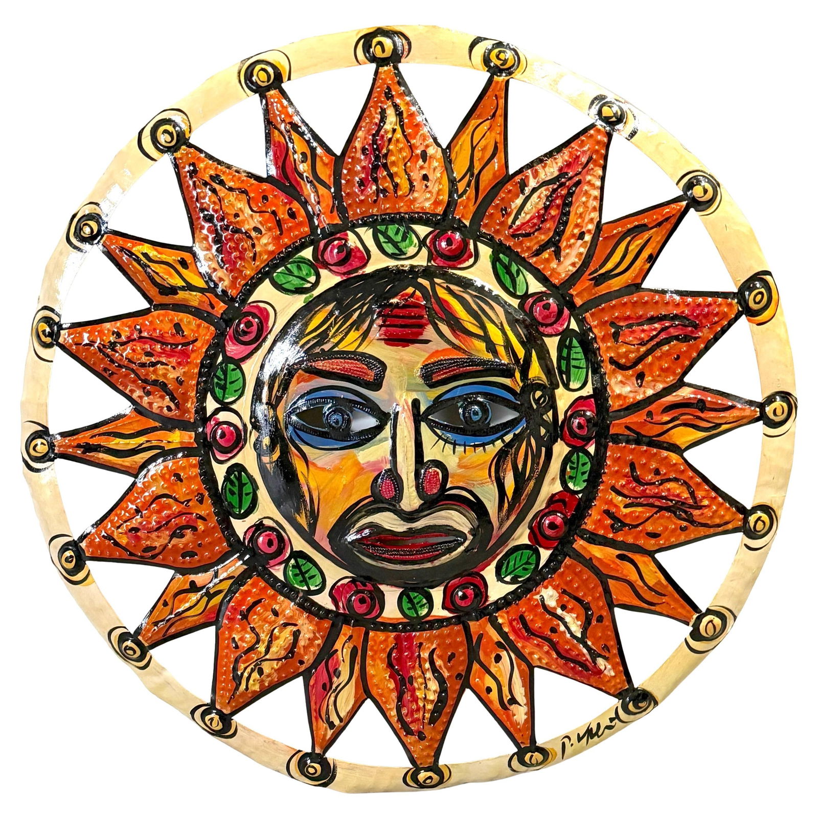 Hand-Painted Metal Sunburst Wall Art by Peter Keil Signed 36 Inch: Hand-Painted Metal Sunburst Wall Art by Peter Keil Signed 36 Inch This large sunburst wall sculpture is an expressive work by Peter Keil, renowned for his emotionally charged style. Crafted in Germany