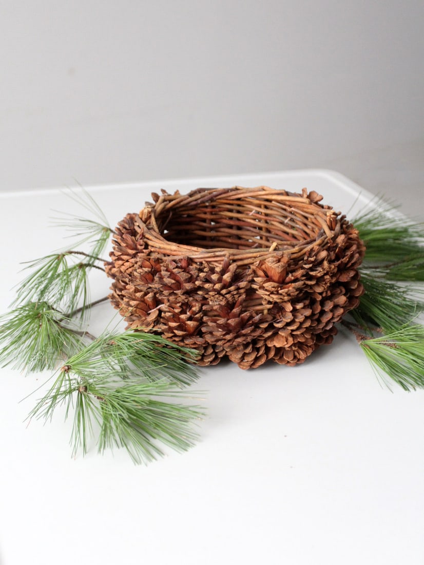 Vintage Handmade Pinecone Basket Rustic Natural Decor: Vintage Handmade Pinecone Basket Rustic Natural Decor This vintage handmade pinecone basket showcases a unique design with a layered exterior crafted from natural pinecones over a woven twig frame. Th