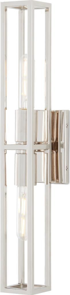 Bergen Elongated Cage Wall Sconce in Polished Nickel for Damp Locations: Bergen Elongated Cage Wall Sconce in Polished Nickel for Damp Locations This un-used Bergen wall sconce features an elongated cage shape and is designed for bathroom settings. It is crafted from nicke