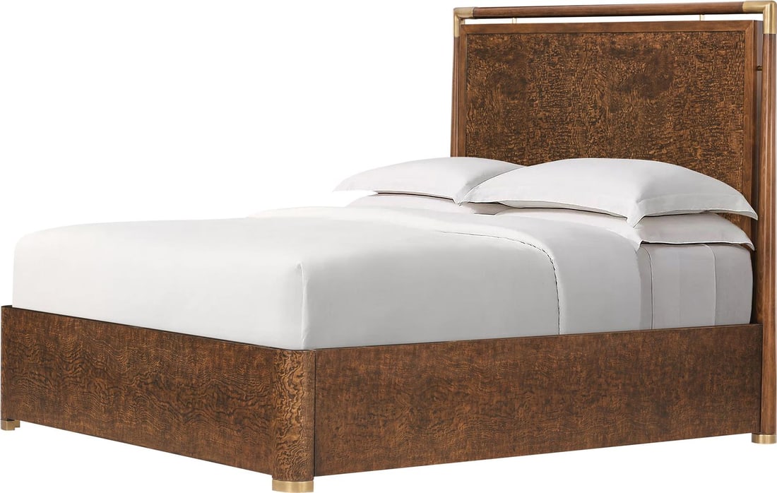 Theodore Alexander Pyramid Brown Kesden Queen Bed Brass Veneer: Theodore Alexander Pyramid Brown Kesden Queen Bed Brass Veneer Elevate your bedroom with the Pyramid Brown Kesden Queen Bed by Theodore Alexander. This stunning bed features a luxurious brass veneer w