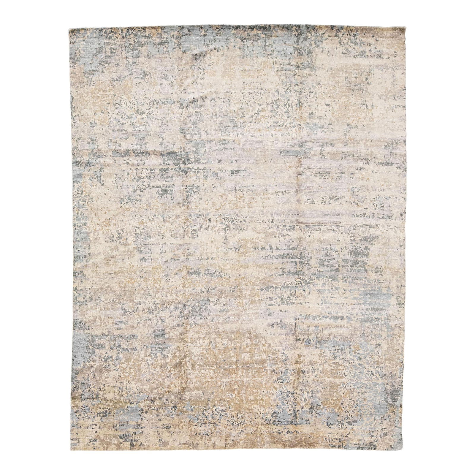 Handmade Abstract Wool Silk Rug 7'10 x 9'11 Gray Beige: Handmade Abstract Wool Silk Rug 7'10 x 9'11 Gray Beige This stunning rug features a harmonious blend of Indian wool and silk, showcasing a beige field adorned with an elegant abstract pattern in shade