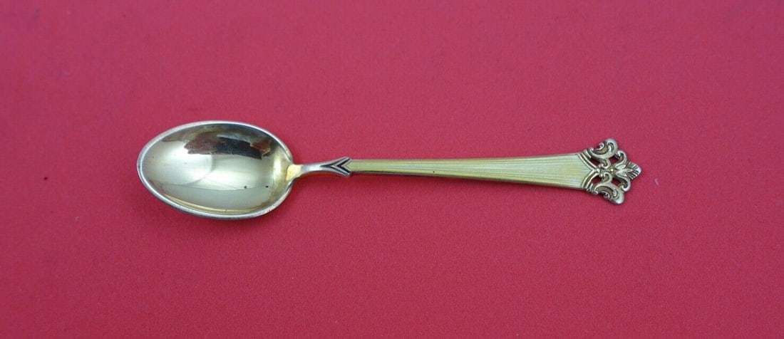 Th. Olsens Anitra Silver Demitasse Spoon Yellow Enamel Vermeil 3 3/4": Th. Olsens Anitra Silver Demitasse Spoon Yellow Enamel Vermeil 3 3/4" This exquisite demitasse spoon features the Anitra pattern by Th. Olsens, showcasing a stunning combination of sterling silver and