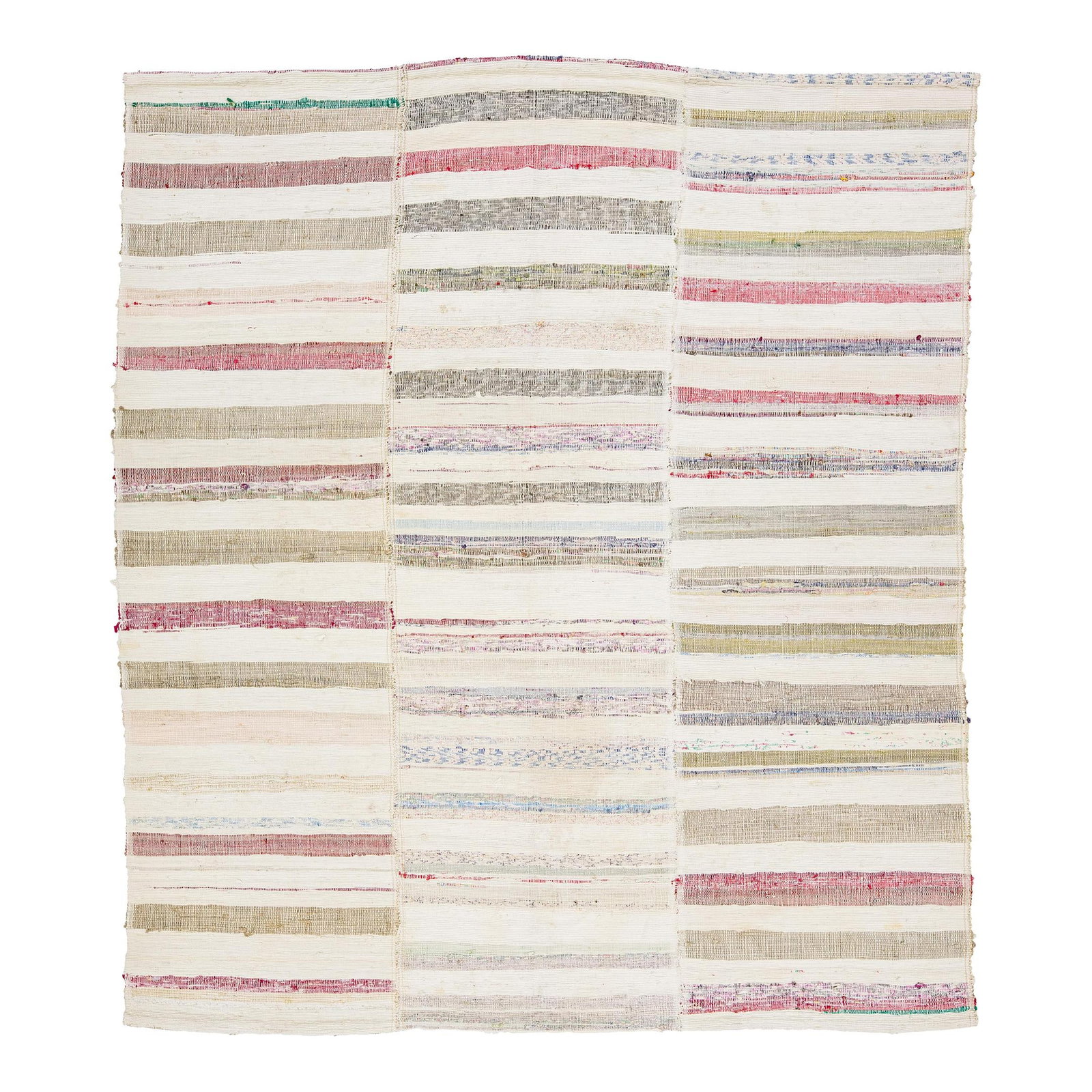Beige Kilim Wool Rug Handmade Vintage Stripe Design 6'11 x 7'11: Beige Kilim Wool Rug Handmade Vintage Stripe Design 6'11 x 7'11 Enhance your space with this exquisite Vintage Style Handmade Kilim Wool Rug, featuring a beautiful beige field adorned with an all-over