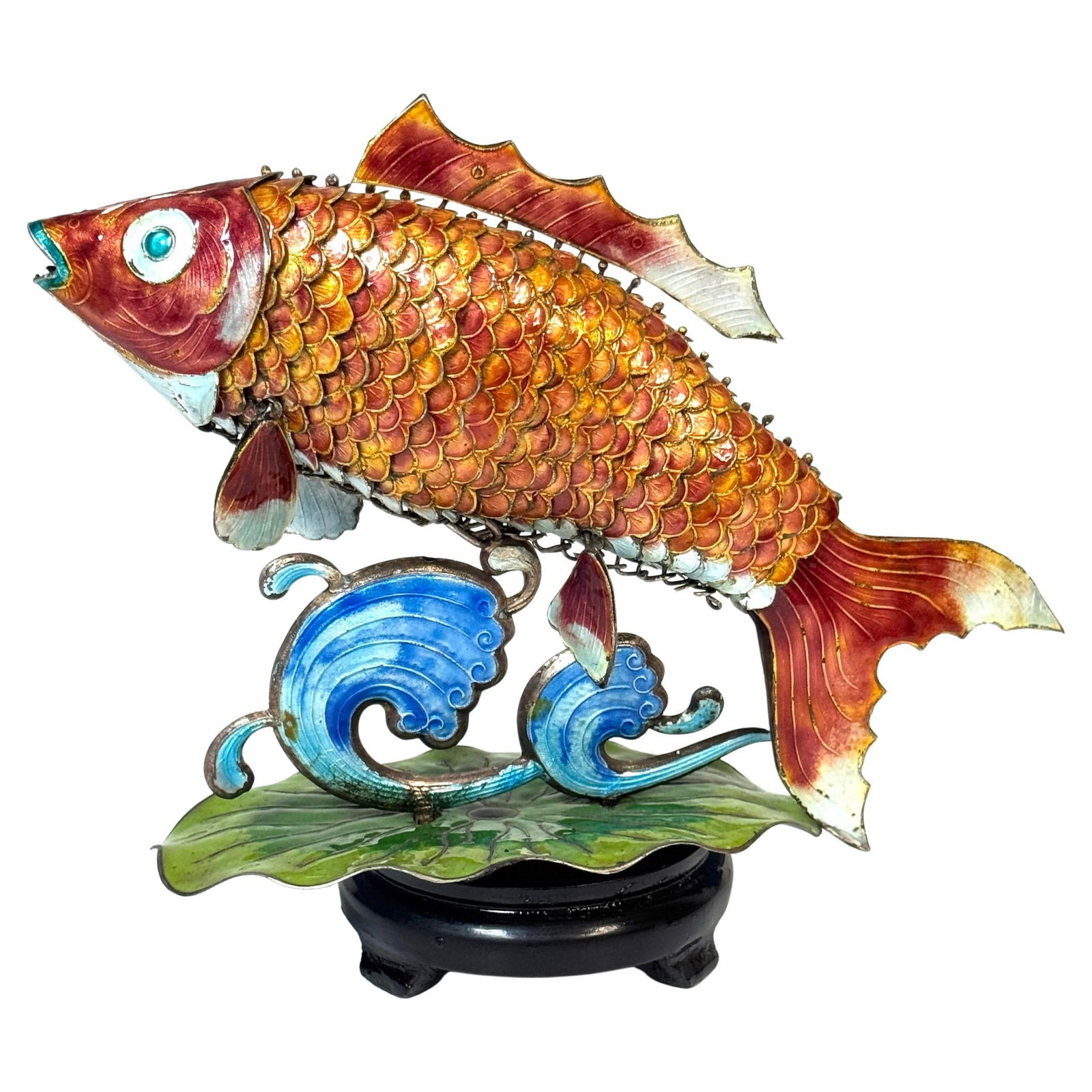 Rare Chinese Export Silver Enameled Articulated Carp Set of 4 circa 1900: Rare Chinese Export Silver Enameled Articulated Carp Set of 4 circa 1900 This exquisite Chinese Export silver and enameled articulated carp, dating from the late 19th century (circa 1900), showcases t