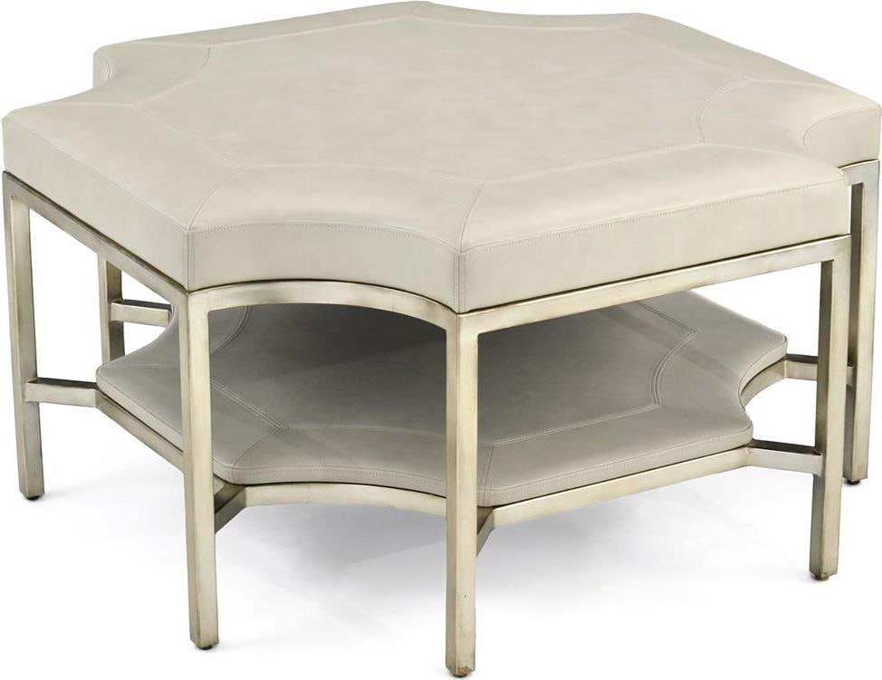 John-Richard Parkdale Light Grey Leather Ottoman Octagonal Scalloped Edge: John-Richard Parkdale Light Grey Leather Ottoman Octagonal Scalloped Edge Elevate your living space with this luxurious light grey leather ottoman featuring elegant scalloped edges. Designed in a vint