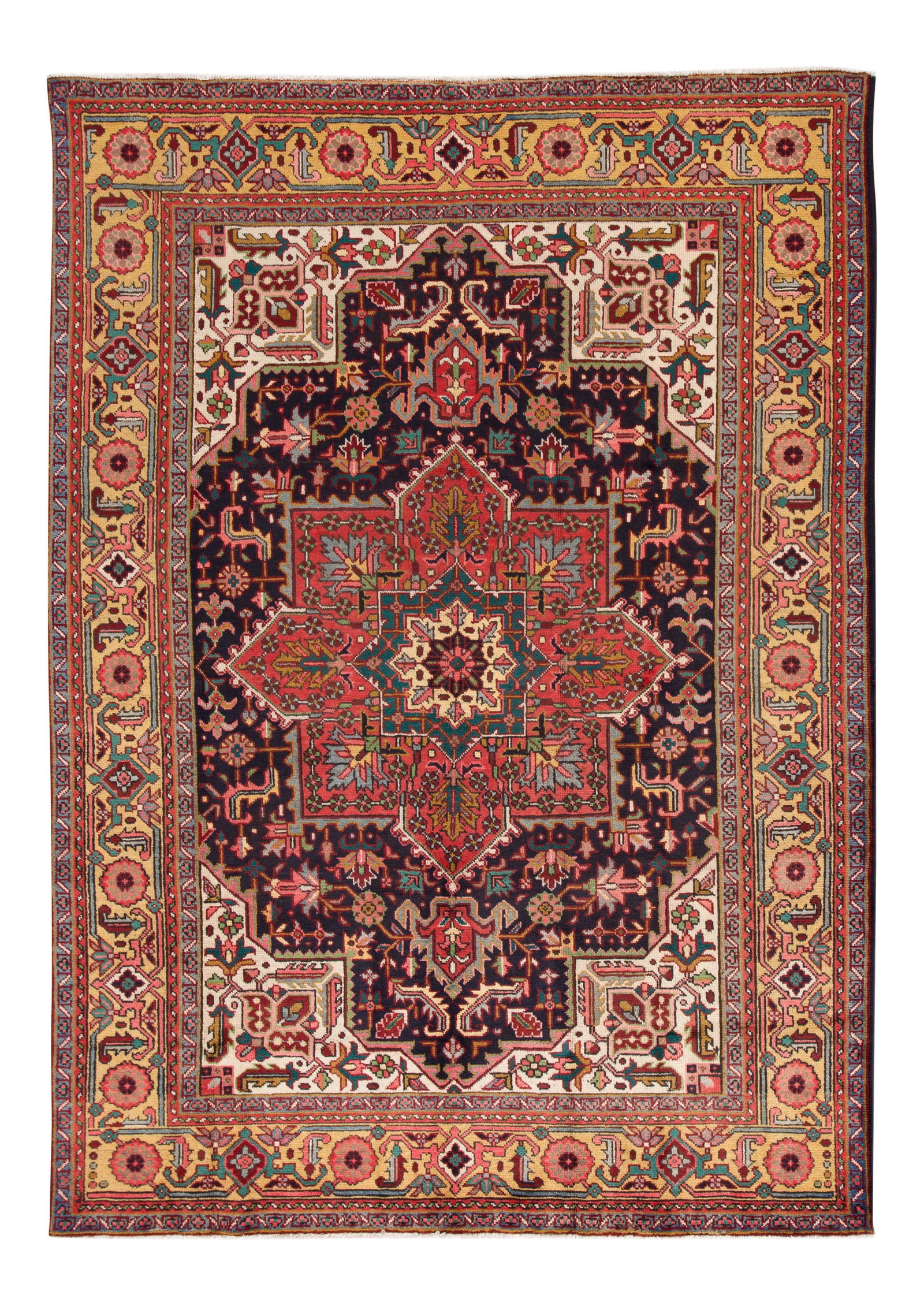 Vintage Persian Heriz Handmade Wool Rug Red Multicolor 7'7 x 10'10: Vintage Persian Heriz Handmade Wool Rug Red Multicolor 7'7 x 10'10 Discover the charm of this Early 20th Century Vintage Persian Heriz Rug, beautifully hand-knotted from high-quality wool. The rug fea