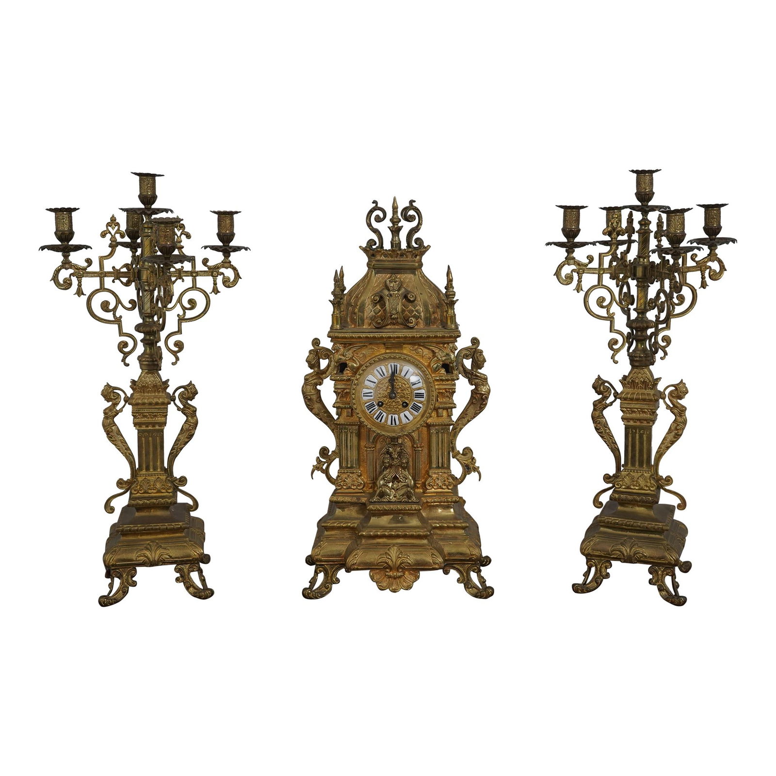 Antique 3 Piece French Brass Clock Set with Candelabras: Antique 3 Piece French Brass Clock Set with Candelabras This exquisite vintage 3-piece French-style clock set features a beautifully crafted clock accompanied by elegant candelabras, showcasing a time