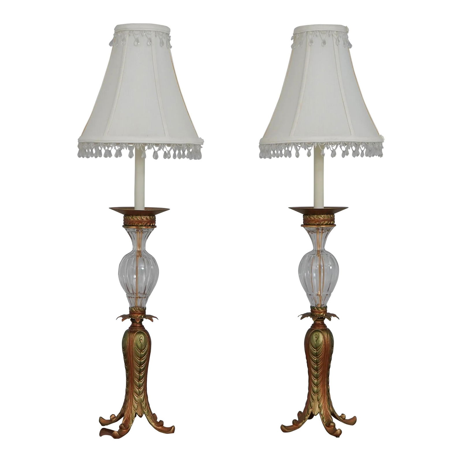 Elegant Pair of Tyndale Crystal Table Lamps with Beaded Shades: Elegant Pair of Tyndale Crystal Table Lamps with Beaded Shades Enhance your living space with this elegant pair of Tyndale metal base crystal table lamps, approximately 20 years old. Featuring beautif