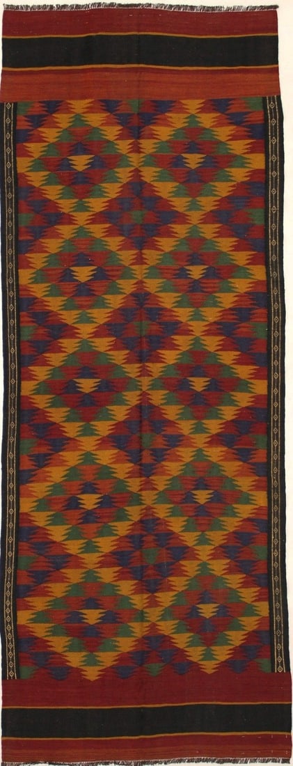 Handmade Wool Tribal Flatweave Runner Rug 4'4 x 11'6 Geometric Vintage Design: Handmade Wool Tribal Flatweave Runner Rug 4'4 x 11'6 Geometric Vintage Design This reversible wool flat weave oriental runner rug features a wide tribal design with geometric patterns in multicolored