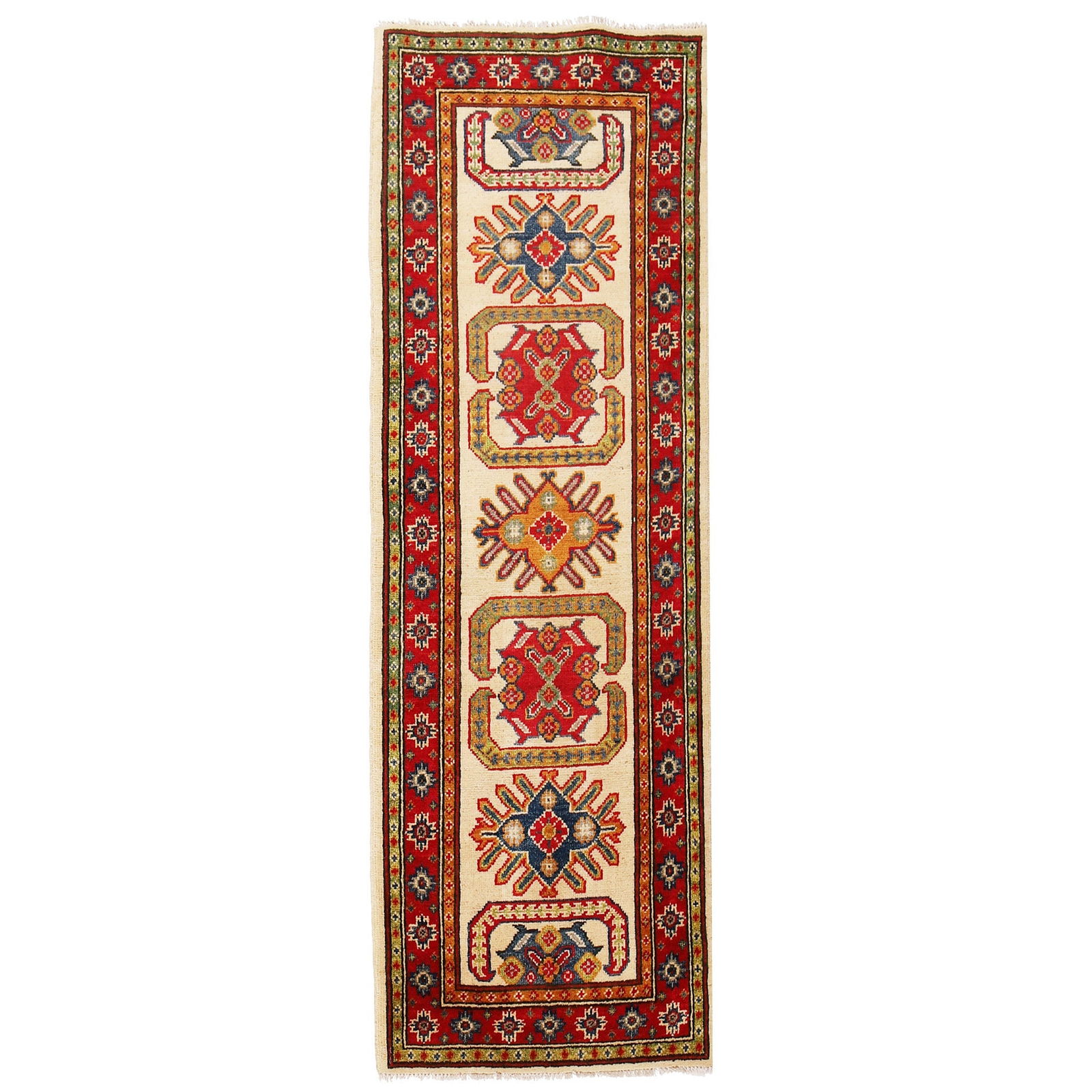 Handmade 2.1 x 5.11 Kazak Runner Rug in Ivory Wool: Handmade 2.1 x 5.11 Kazak Runner Rug in Ivory Wool Free continental US Shipping Introducing a stunning handmade Kazak runner rug that measures 2.1 x 5.11 feet (25 x 71 inches) and showcases exquisite
