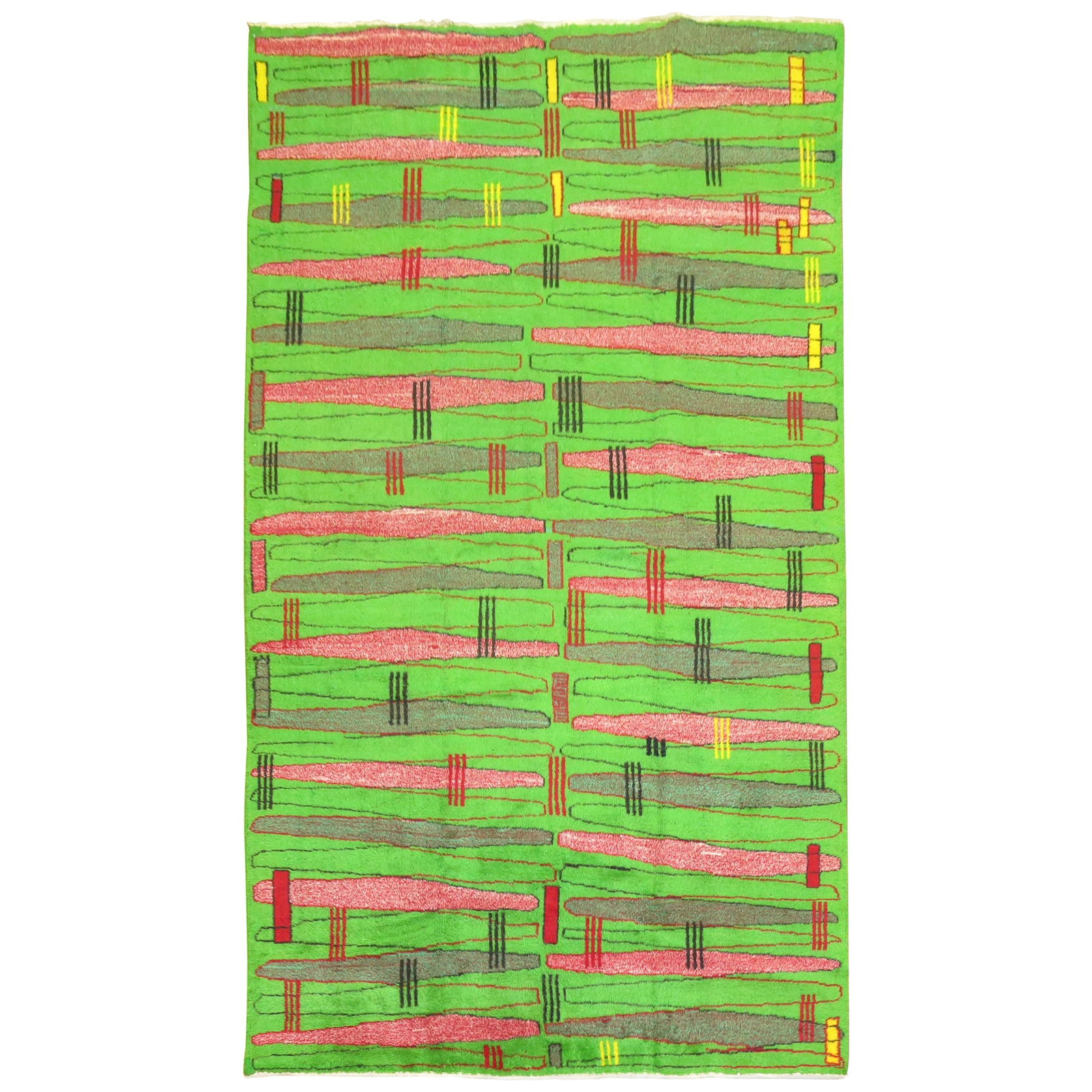 Mid-Century Modern Turkish Neon Green Hand-Woven Deco Rug 76x124: Mid-Century Modern Turkish Neon Green Hand-Woven Deco Rug 76x124 This stunning Vintage Turkish Neon Green Deco Rug features a vibrant neon green field and is adorned with a deco-inspired motif, embody
