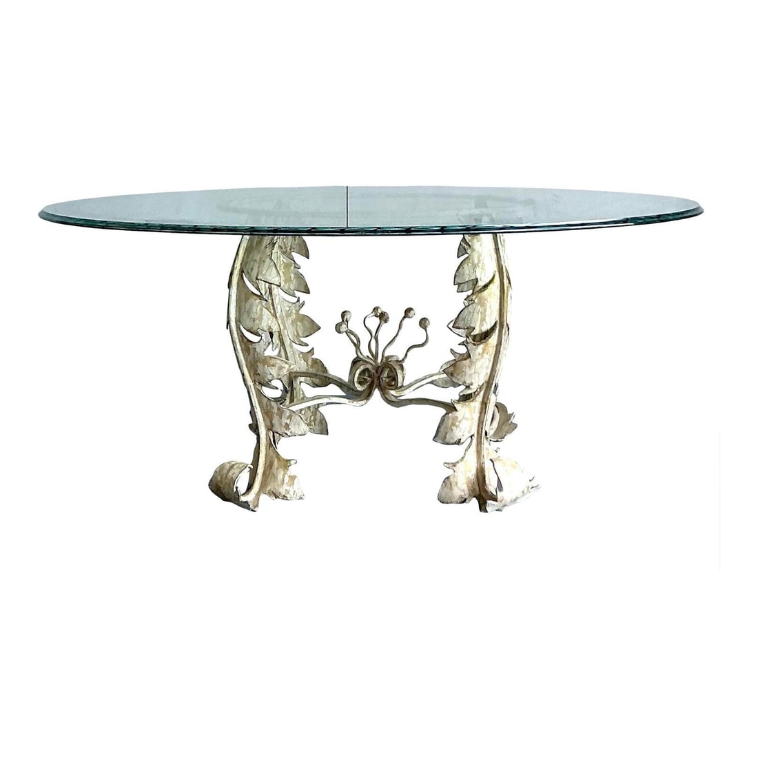 Patinated Iron Dining Table With 72.25" Etched Glass Round Top: Patinated Iron Dining Table With 72.25" Etched Glass Round Top This vintage dining table features a sculptural base crafted from patinated iron with sweeping, oversized acanthus-leaf legs and a centra