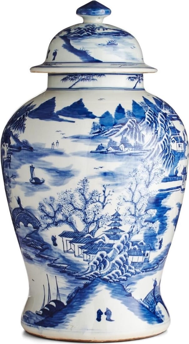 Chinese Style Blue Porcelain Temple Jar Mountain Village Design 20H 12W 12D: Chinese Style Blue Porcelain Temple Jar Mountain Village Design 20H 12W 12D This exquisite Traditional Porcelain Jar features a stunning mountain scene, showcasing the beauty of Chinese artistry. Craf