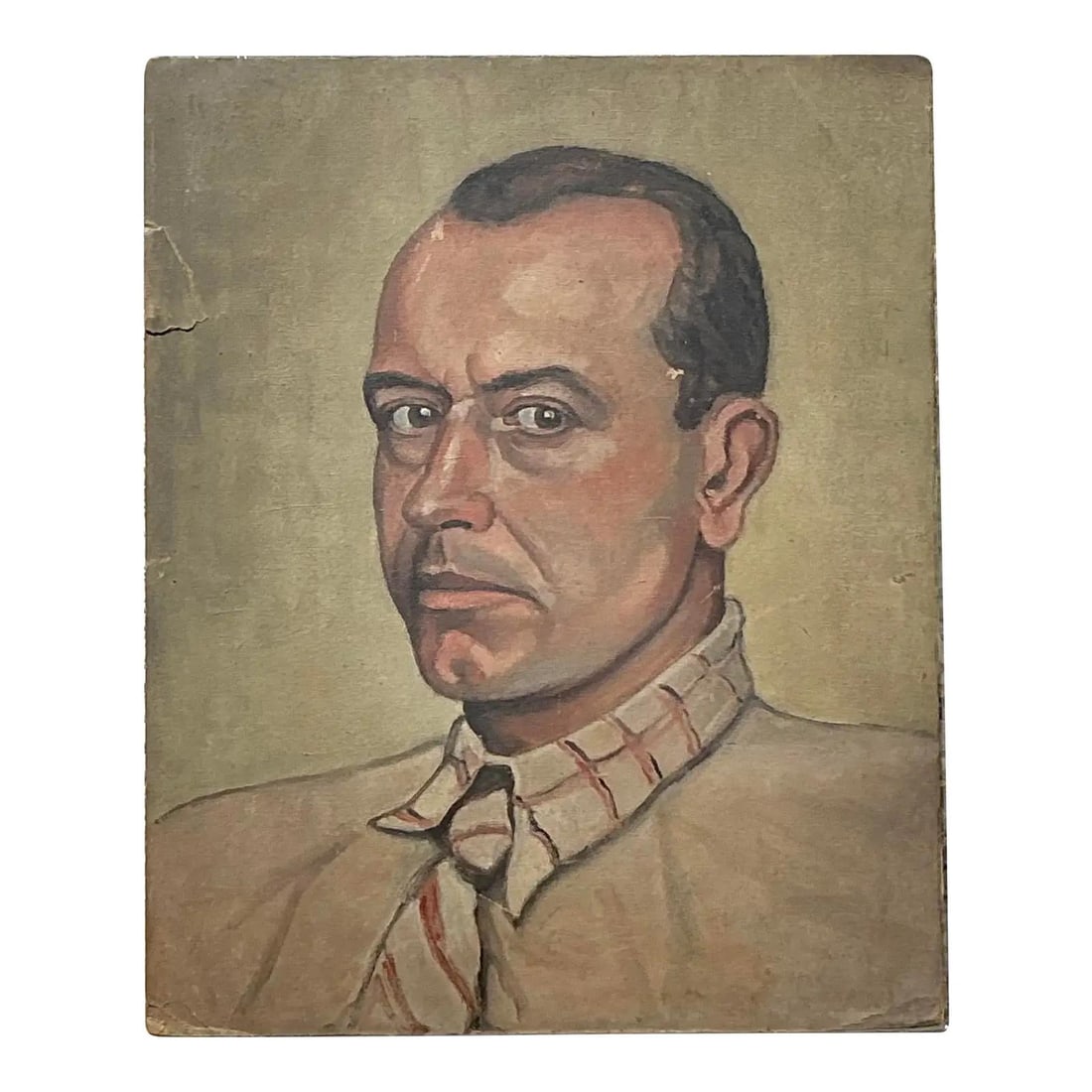 Mid-Century Realist Oil Portrait on Heavy Paper 13 x 16 Inches: Mid-Century Realist Oil Portrait on Heavy Paper 13 x 16 Inches This original oil portrait on heavy paper exemplifies mid-century realism, showcasing a stoic male subject rendered in muted earth tones