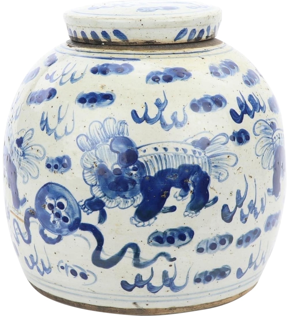 Ming Style Ceramic Lion Motif Jar 10" (1 of 4)
