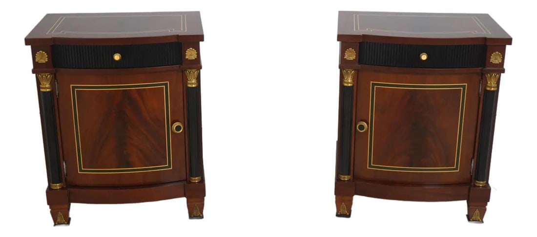 Set of Two Mahogany Nightstands Versace Design with Green and Satinwood Inlay: Set of Two Mahogany Nightstands Versace Design with Green and Satinwood Inlay This pair of Italian Versace nightstands features quality mahogany construction with green and satinwood inlays. The desig