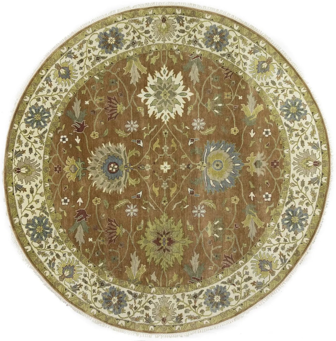 Hand-Knotted Rust Orange Floral Oushak Round Wool Rug 10 ft: Hand-Knotted Rust Orange Floral Oushak Round Wool Rug 10 ft Enhance your home decor with this exquisite Rust Orange Oushak Wool Round Rug, featuring a beautiful floral design. Measuring 9'9" in diamet