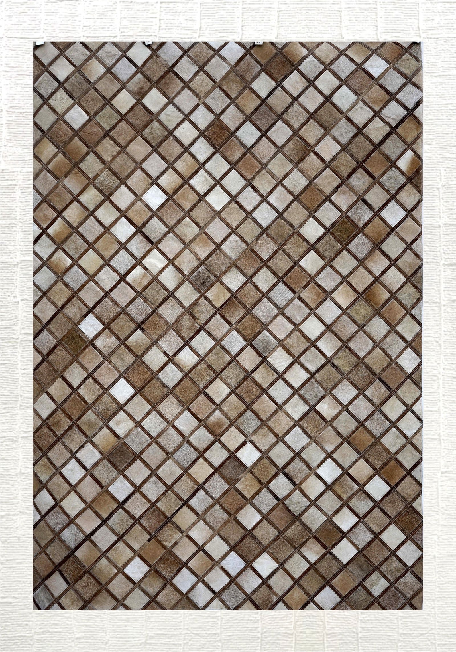 Premium Diamond Patchwork Cowhide Leather Rug Beige Tan 3ft x 5ft (1 of 1)