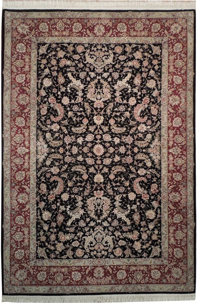 Handmade 6 x 8'10 Wool Silk Blend Rug in Black: Handmade 6 x 8'10 Wool Silk Blend Rug in Black Free continental US Shipping Enhance your living space with this exquisite 6 x 8.10 handmade rug, crafted from high-quality wool and silk. This luxurious