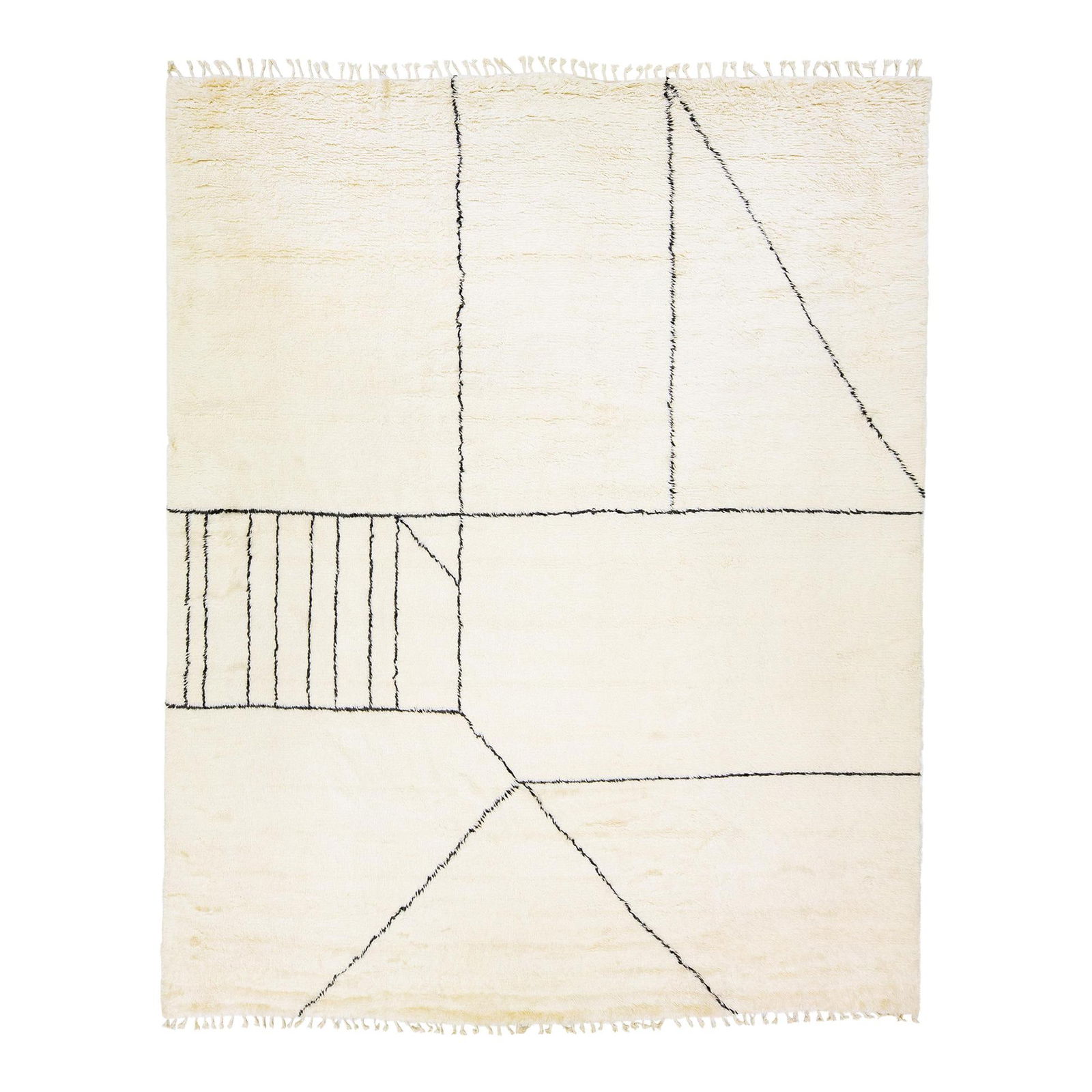 Handmade Ivory Wool Rug Modern Moroccan Abstract Design: Handmade Ivory Wool Rug Modern Moroccan Abstract Design Elevate your living space with this stunning modern Moroccan style hand-knotted wool rug. Featuring a pristine white field, this rug showcases a