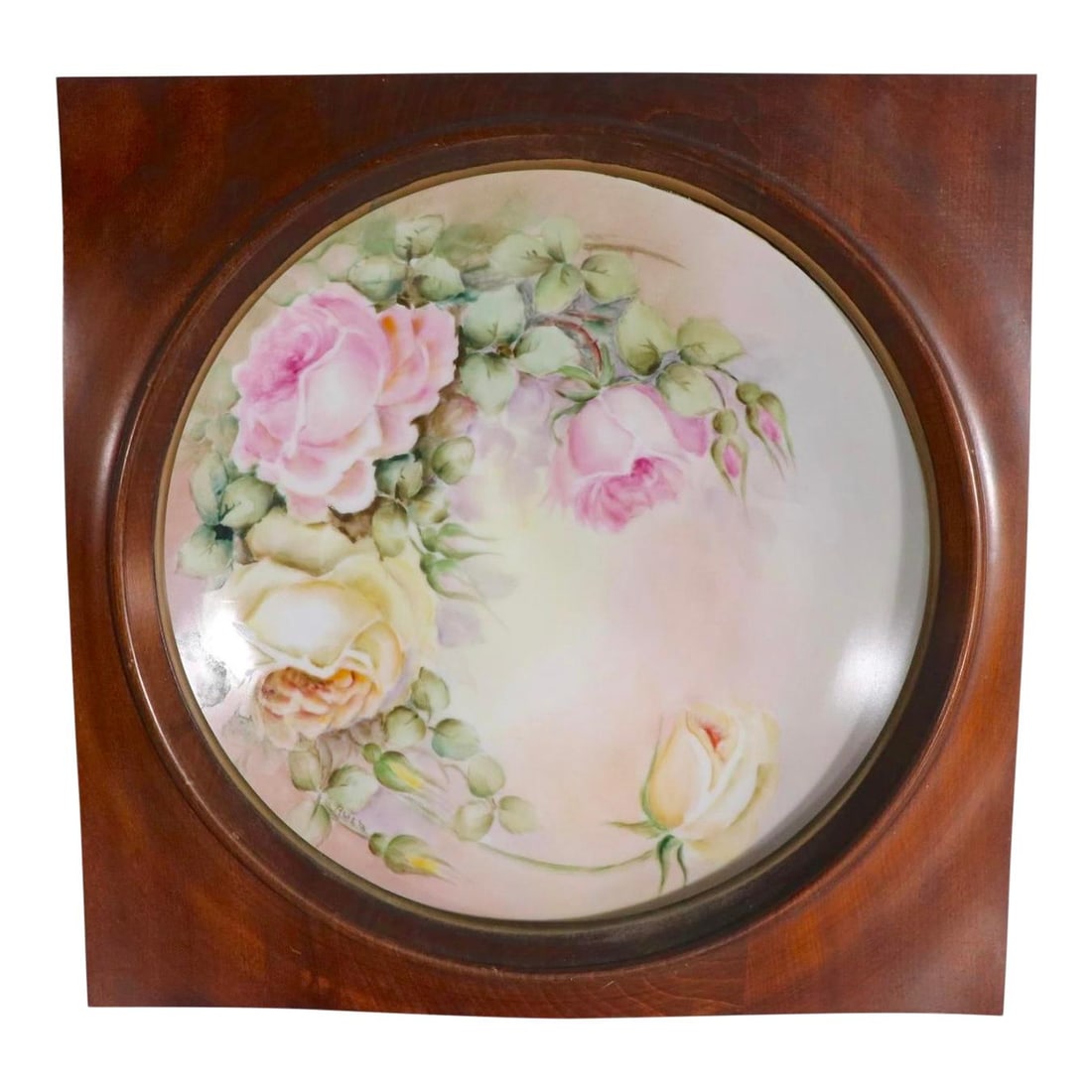 Hertel Jacob Antique Hand Painted China Plate in Walnut Frame: Hertel Jacob Antique Hand Painted China Plate in Walnut Frame This exquisite antique hand-painted china plate from Germany, created by Hertel Jacobs, features beautifully rendered pink and yellow rose