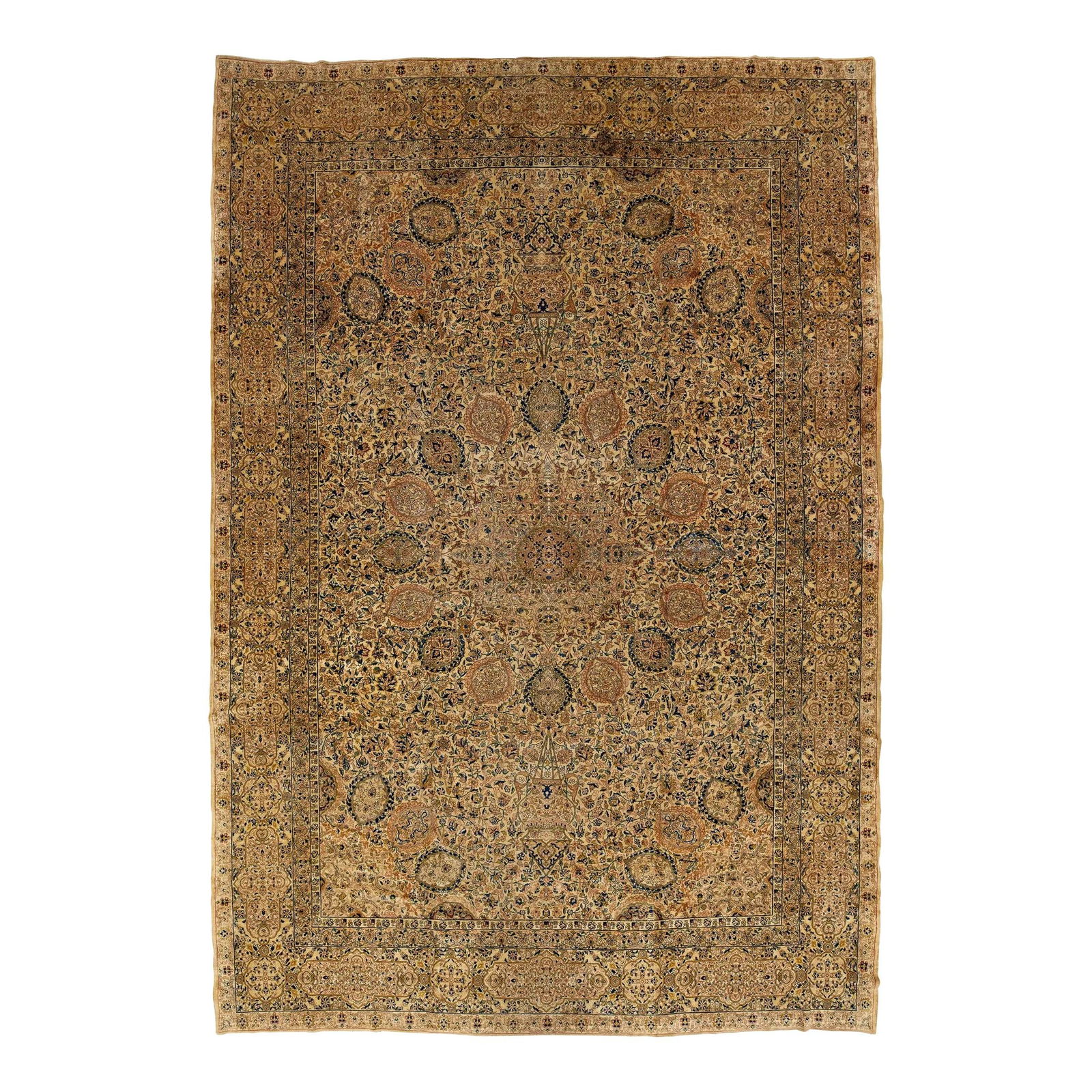 Antique Kerman Persian Wool Rug 10'6 x 15'3 Rosette Motif Tan (1 of 10)