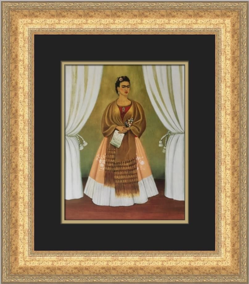 Frida Kahlo Self-Portrait Print in Antique Gold Frame: Frida Kahlo Self-Portrait Print in Antique Gold Frame This stunning custom framed print features Frida Kahlo's Self-Portrait Dedicated to Leon Trotsky, showcasing a blend of modernism and surrealism.