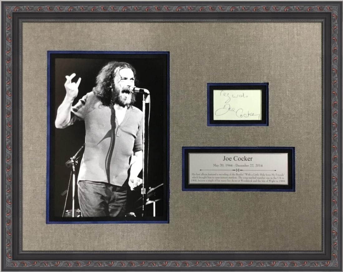Joe Cocker Signed Cut Card Photograph Custom Framed Beckett COA 20 x 24: Joe Cocker Signed Cut Card Photograph Custom Framed Beckett COA 20 x 24 This is an original signed cut card photograph of Joe Cocker, beautifully custom framed in a size of 20" x 24". The photograph i