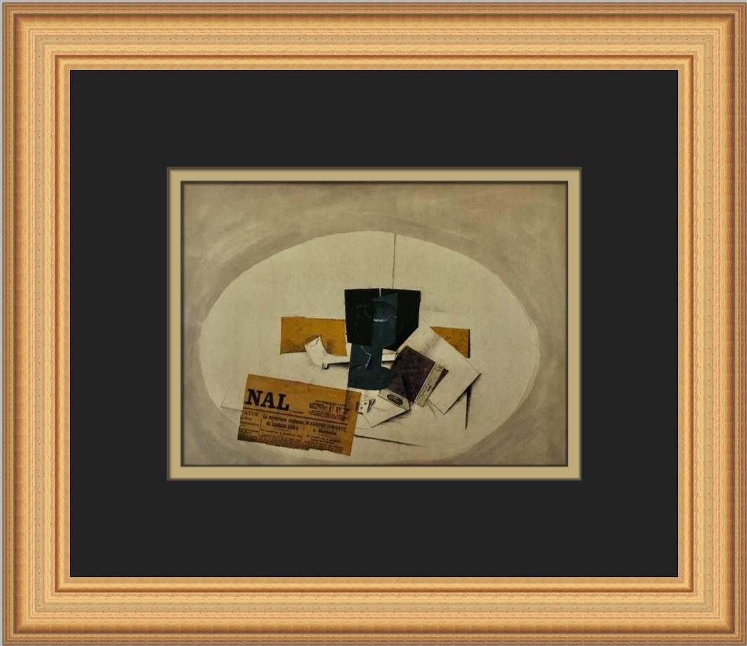 Georges Braque Pipe Glass Dice Newspaper Custom Framed Cubism Print: Georges Braque Pipe Glass Dice Newspaper Custom Framed Cubism Print This captivating print titled "Pipe Glass Dice and Newspaper" by renowned artist Georges Braque showcases a unique Cubist style. Cre